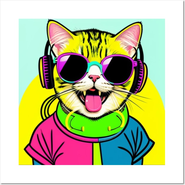 Laughing Retro Cat With Headphones Wall Art by musicgeniusart